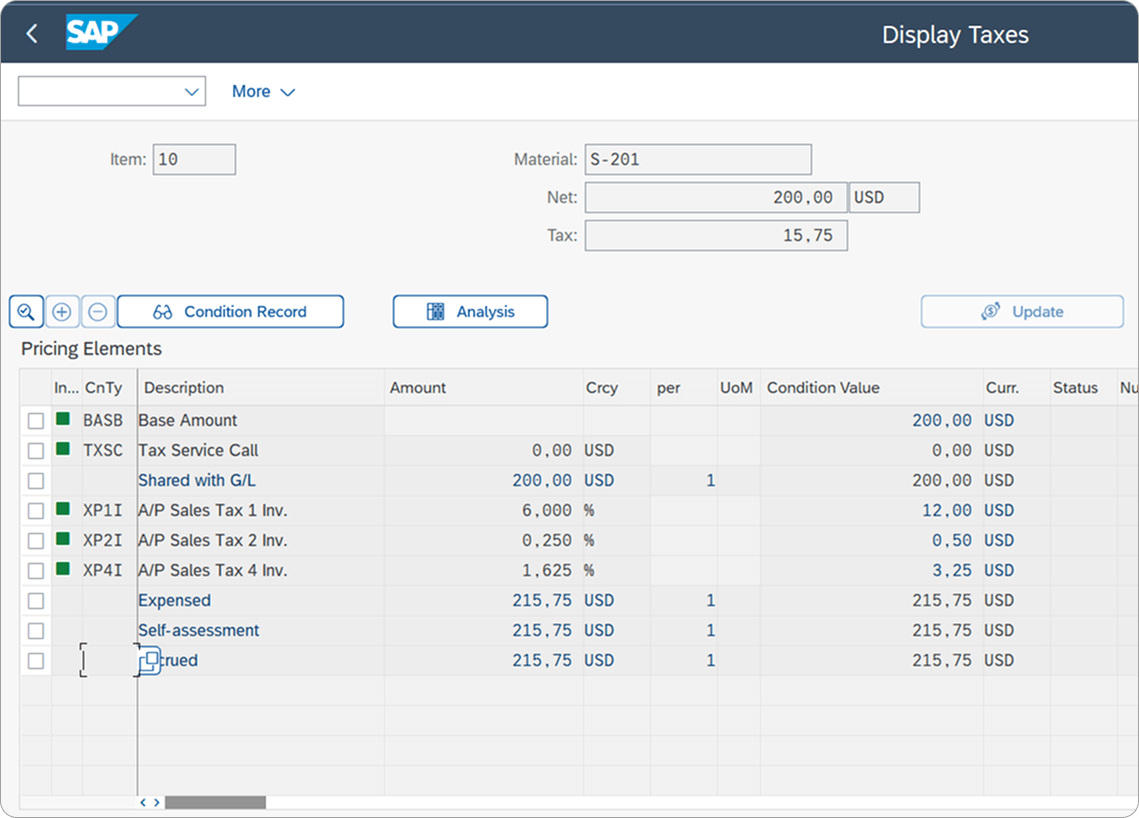 SAP interface displaying tax calculation details, including base amount, tax percentages, and accrued amounts in USD.