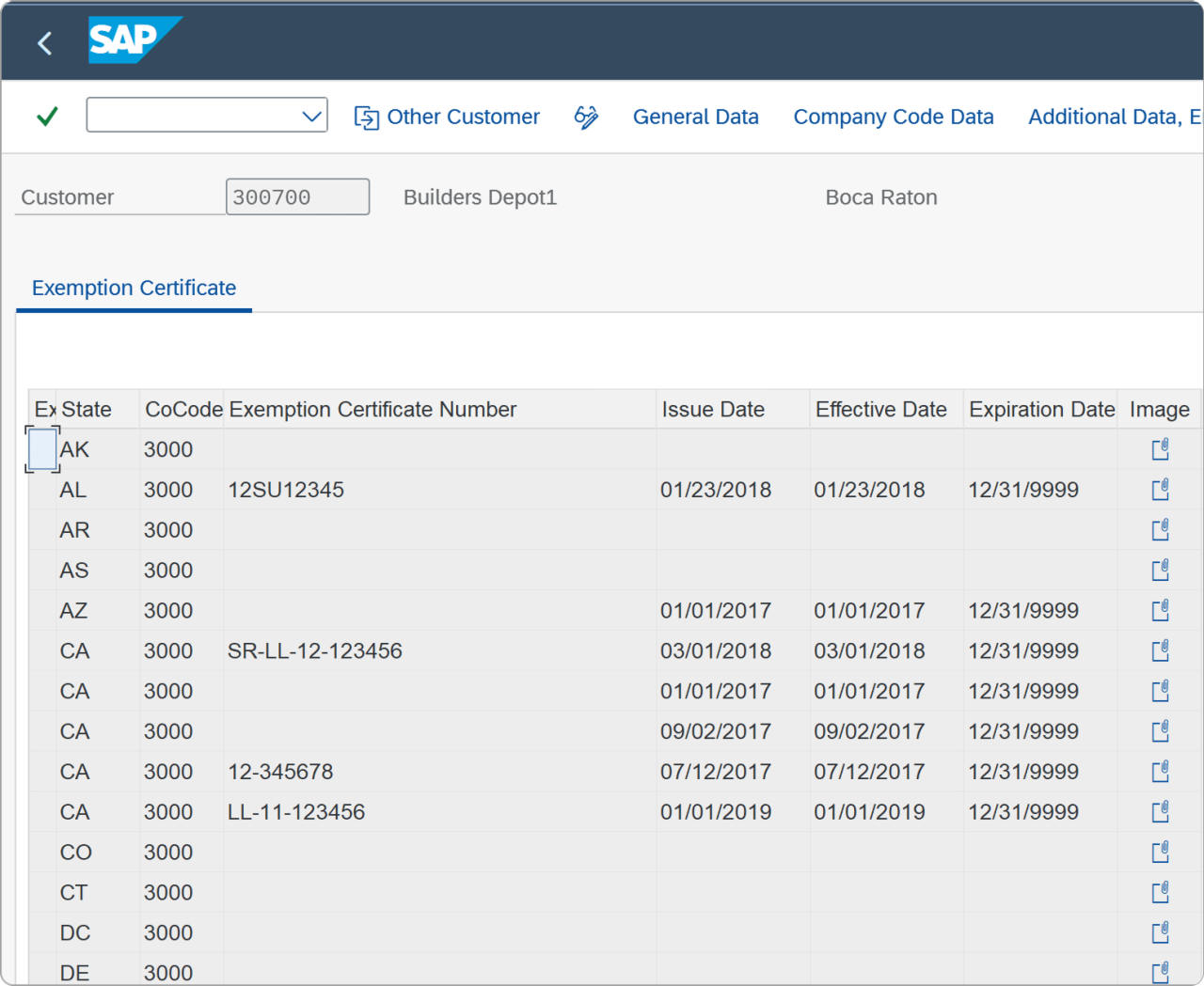 SAP interface displaying exemption certificate details, including state codes, certificate numbers, issue dates, effective dates, and expiration dates for customer "Builders Depot1" in Boca Raton.