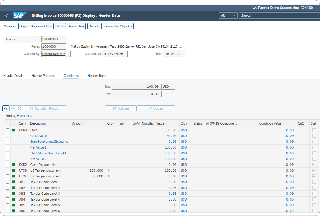 SAP interface displaying billing invoice details, including net amount, tax, and pricing elements with conditions and values in USD.