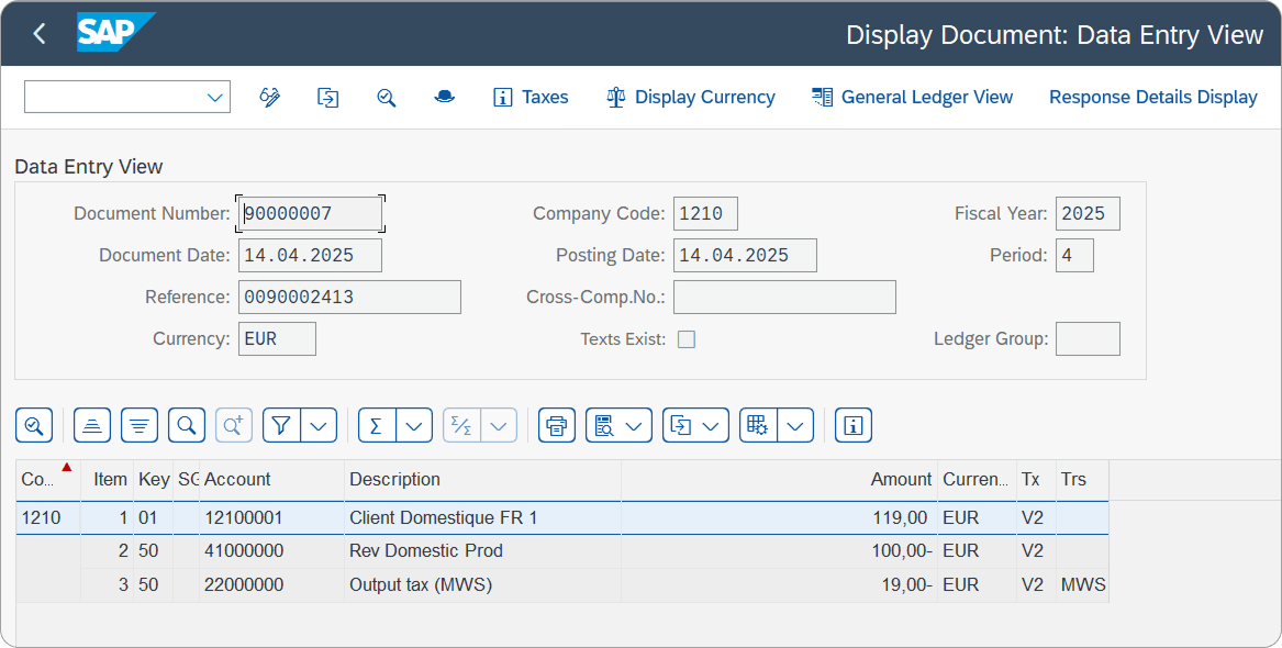 SAP interface displaying a data entry view with document details, including document number, date, company code, fiscal year, and a table of accounts, descriptions, and amounts in EUR.