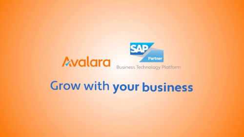 Avalara and SAP Business Technology Platform logos on an orange gradient background with the text 'Grow with your business'.