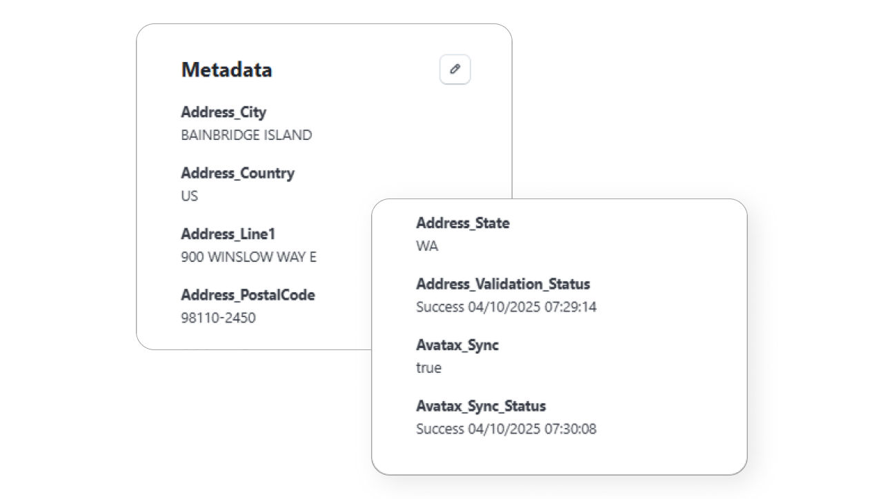 Alt-text: Metadata panel displaying address details, validation status, and Avatax sync status for Bainbridge Island, WA, USA.