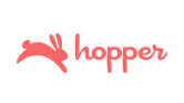 Red logo of Hopper featuring a leaping rabbit silhouette.