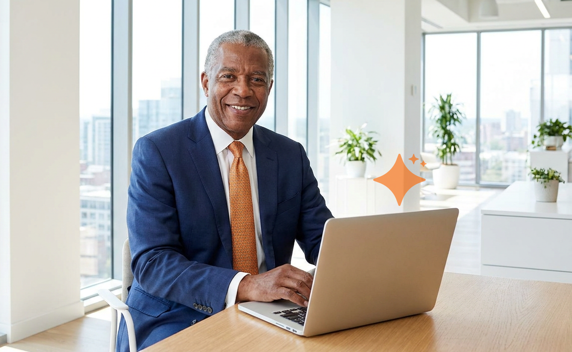 A smiling businessman in a navy suit and orange tie sits at a wooden table typing on a laptop, with a bright office and city view behind him. An orange sparkle icon graphic overlays the image.