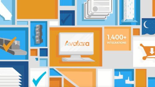 Illustrated thumbnail featuring the Avalara logo on a computer screen, with text stating '1,400+ integrations,' various icons, and a blue and orange color scheme, representing Avalara's integration capabilities for 2025.