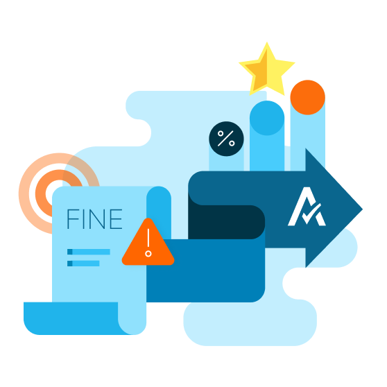 Illustration depicting tax compliance with a fine notice, warning symbol, percentage sign, Avalara logo, and a star representing success.