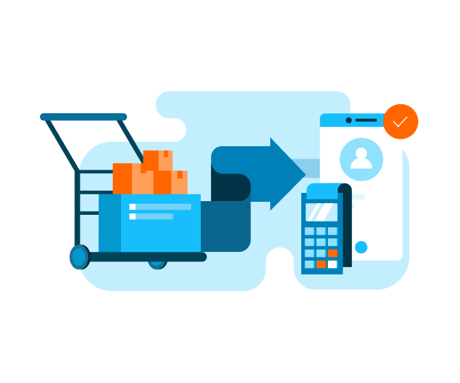 Illustration of a cart with boxes transitioning to a mobile device and payment terminal, symbolizing e-commerce and digital transactions.