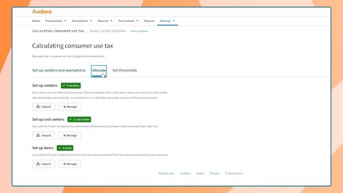 Screenshot of Avalara's tax software interface showing the "Calculating consumer use tax" settings, with options to set up vendors, cost centers, and users.