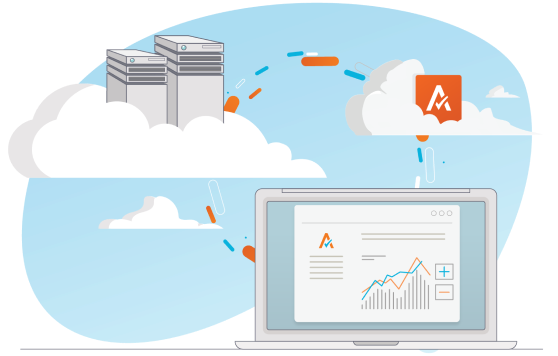 Illustration of cloud-based tax software with servers, a cloud icon, and a laptop displaying analytics and the Avalara logo.