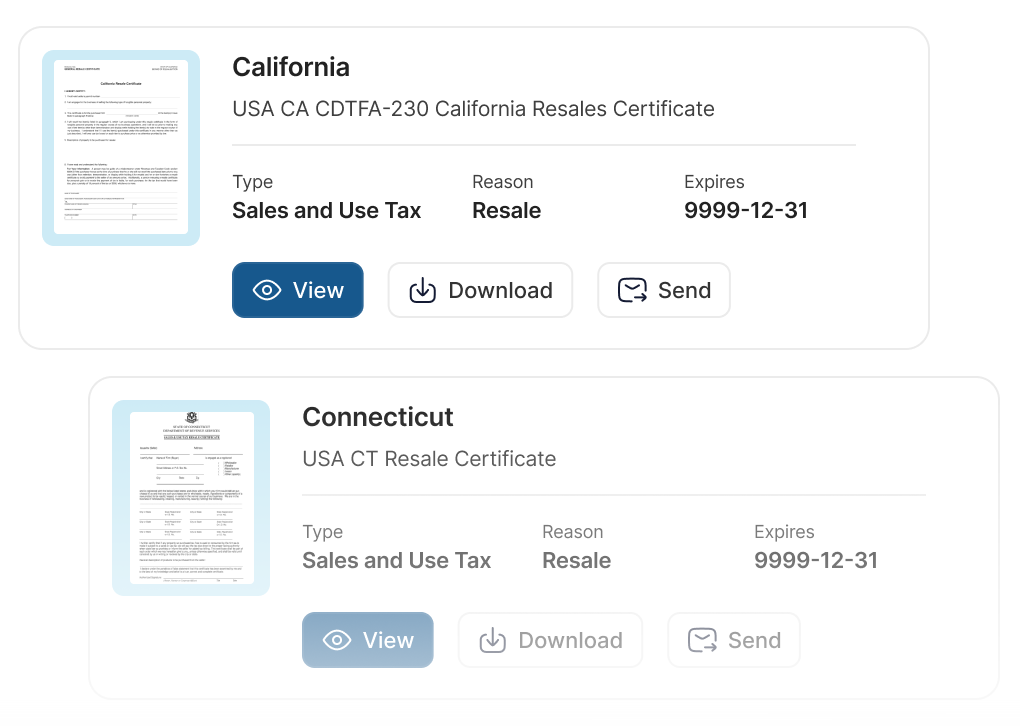 interface displaying managed resale certificate records for California and Connecticut, showing key details like tax type, exemption reason, and expiration dates alongside quick actions to view, download, or send the documents.