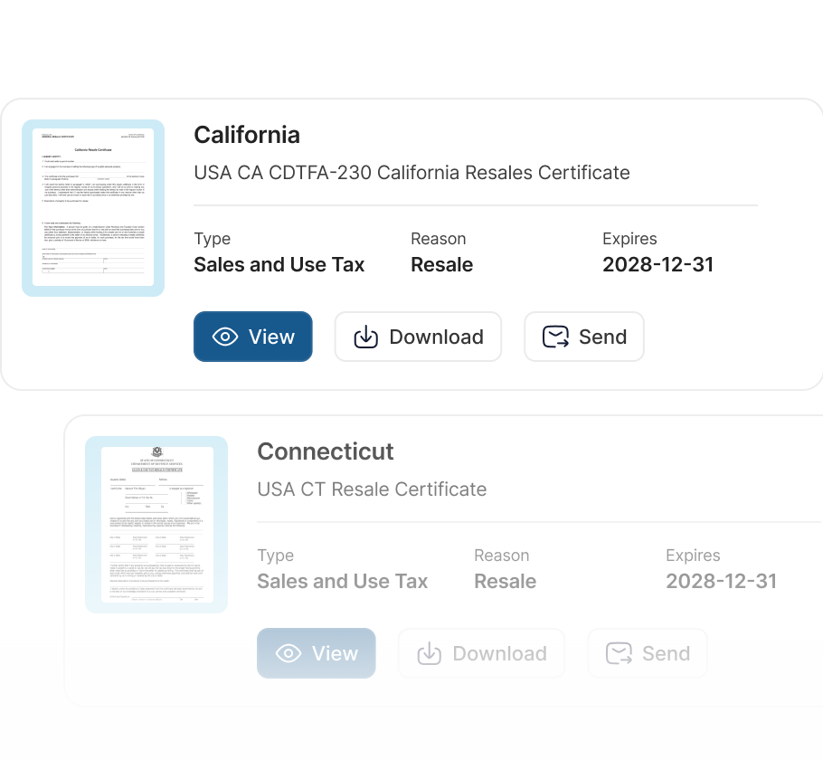 "Screenshot of Avalara's ECM interface showing certificate management with regions California and Texas, indicating statuses 'Missing' and 'Expired' respectively, and options to add a region or send a certificate."