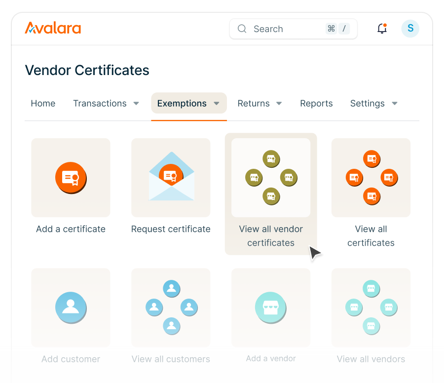 Alt-text: Vendor certificates dashboard showing certificate details including ID, vendor code, region, exemption reason, and status with options to view all certificates or vendor certificates.