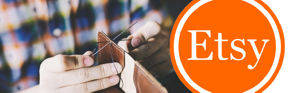 Stitching leather wallet by hand next to Etsy logo