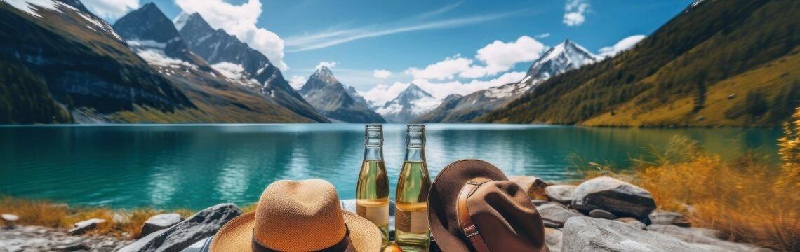 Picnic with wine by lake and snow-capped mountains Picnic with wine by lake and snow-capped mountains