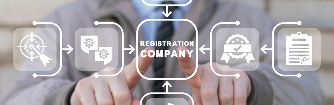 Person manipulating digital image of icons related to business registration