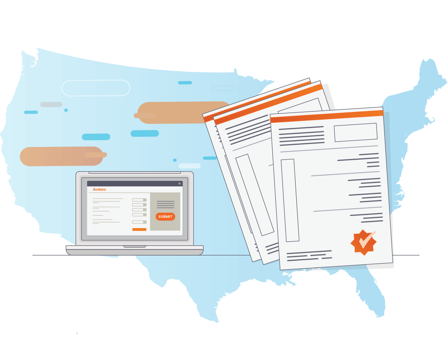 Business license illustration with an envelope, a filing box, and a magnifying glass