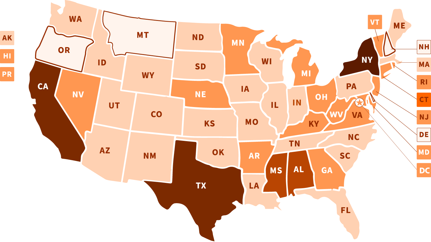 Economic nexus threshold map Map of United States showing what states include in their economic nexus thresholds